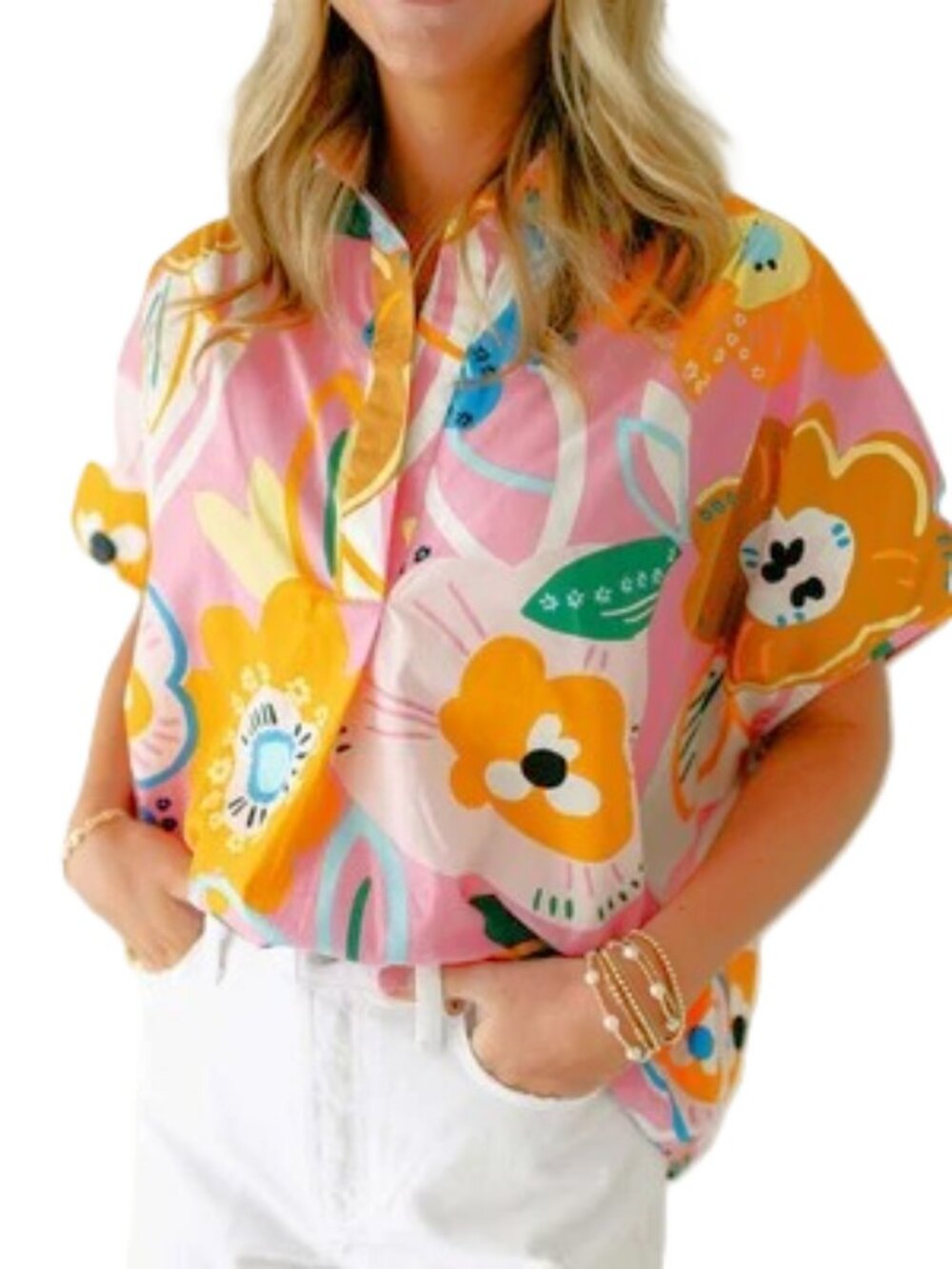 Karlie Floral Cotton Poplin Collar V-Neck Top Medium Boho Coquette Feminine